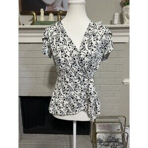 Vtg Y2k A.U.W Wrap Babydoll Top Women’s Small White Black Floral Short Sleeve